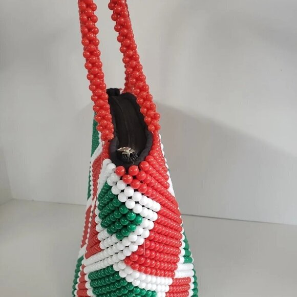 Handmade Red Green White Diamond Pattern Plastic Beaded shoulder Bag - Picture 2 of 8